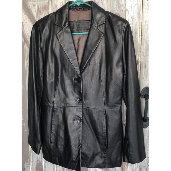 Ladies Black Leather 3-Button Sleek Blazer Jacket Soft EUC Chic Sz 6 - Picture 6 of 16